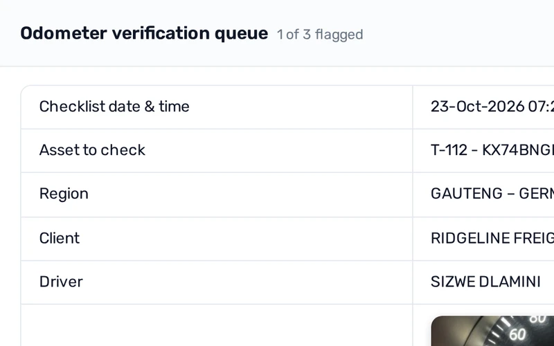 Odometer verification record for one truck, flagged for review