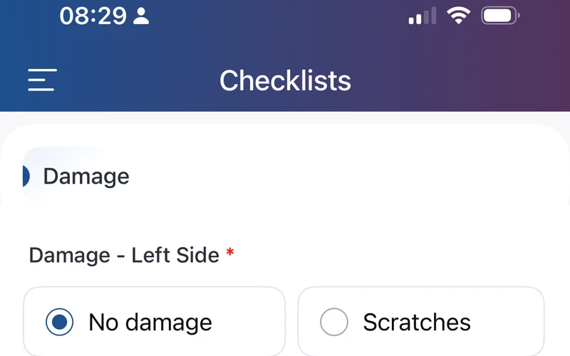 Driver checklist on a phone, recording damage on each side of the vehicle