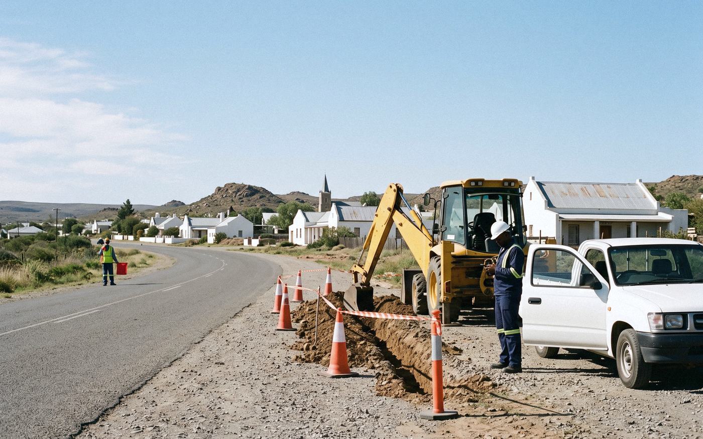 An LDV and a backhoe loader at small-town roadworks, a site supervisor checking his phone