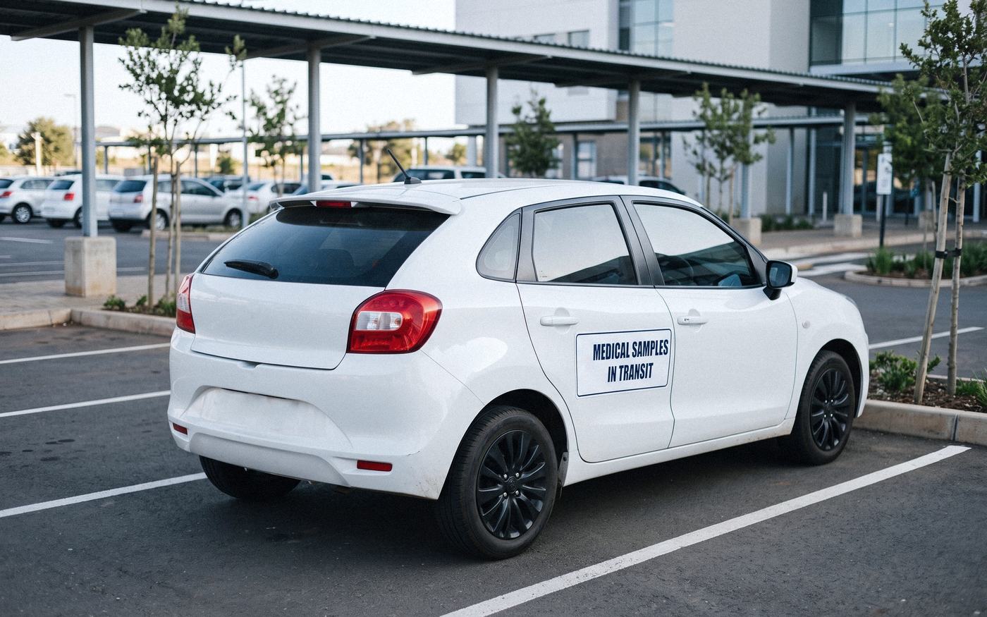 A white hatchback with a Medical Samples in Transit sign parked in a hospital car park