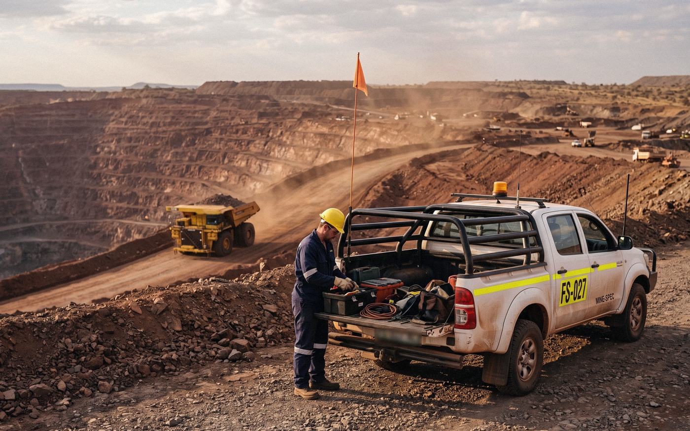 A field-service LDV with rollover cage, flag whip and yellow fleet-number stripe at the edge of an open-cast mine