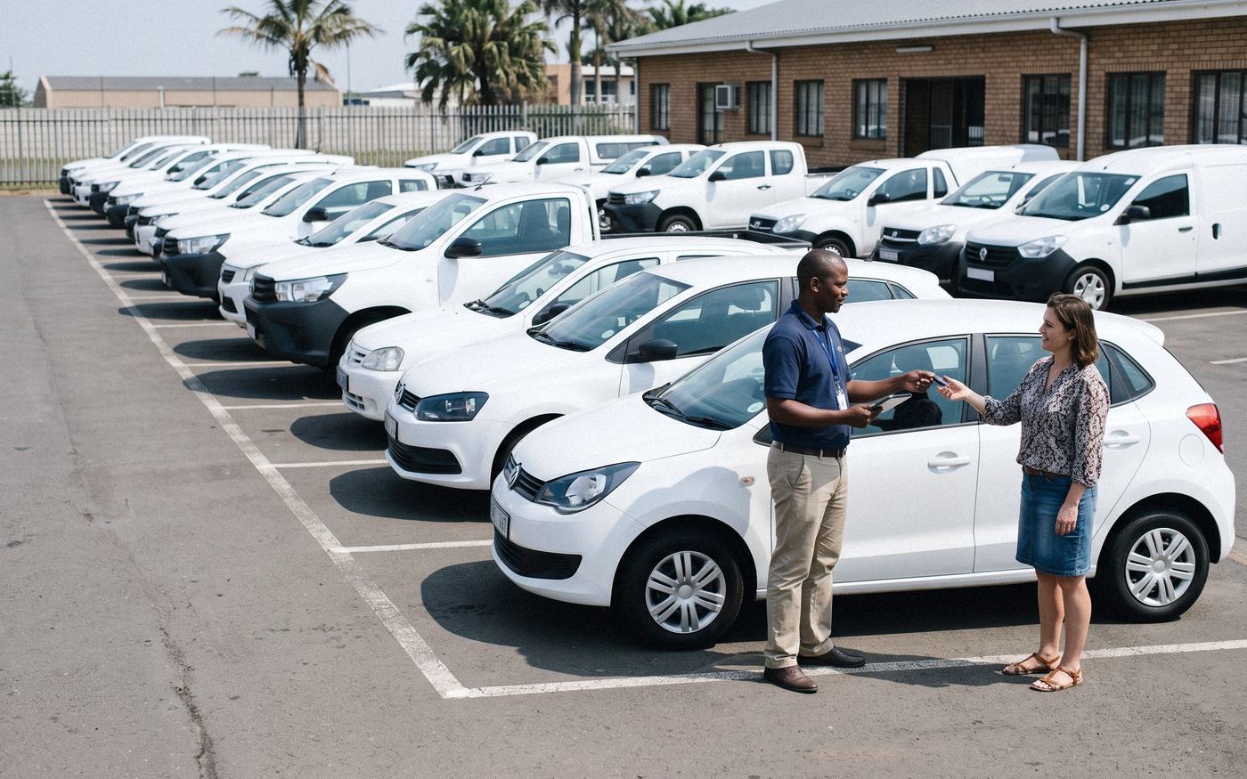 A rental agent handing keys to a customer in a yard lined with rows of white rental cars, LDVs and vans