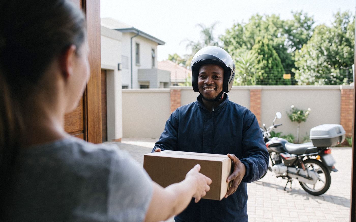 A smiling motorbike courier handing a parcel to a customer at her front door, his bike parked behind him