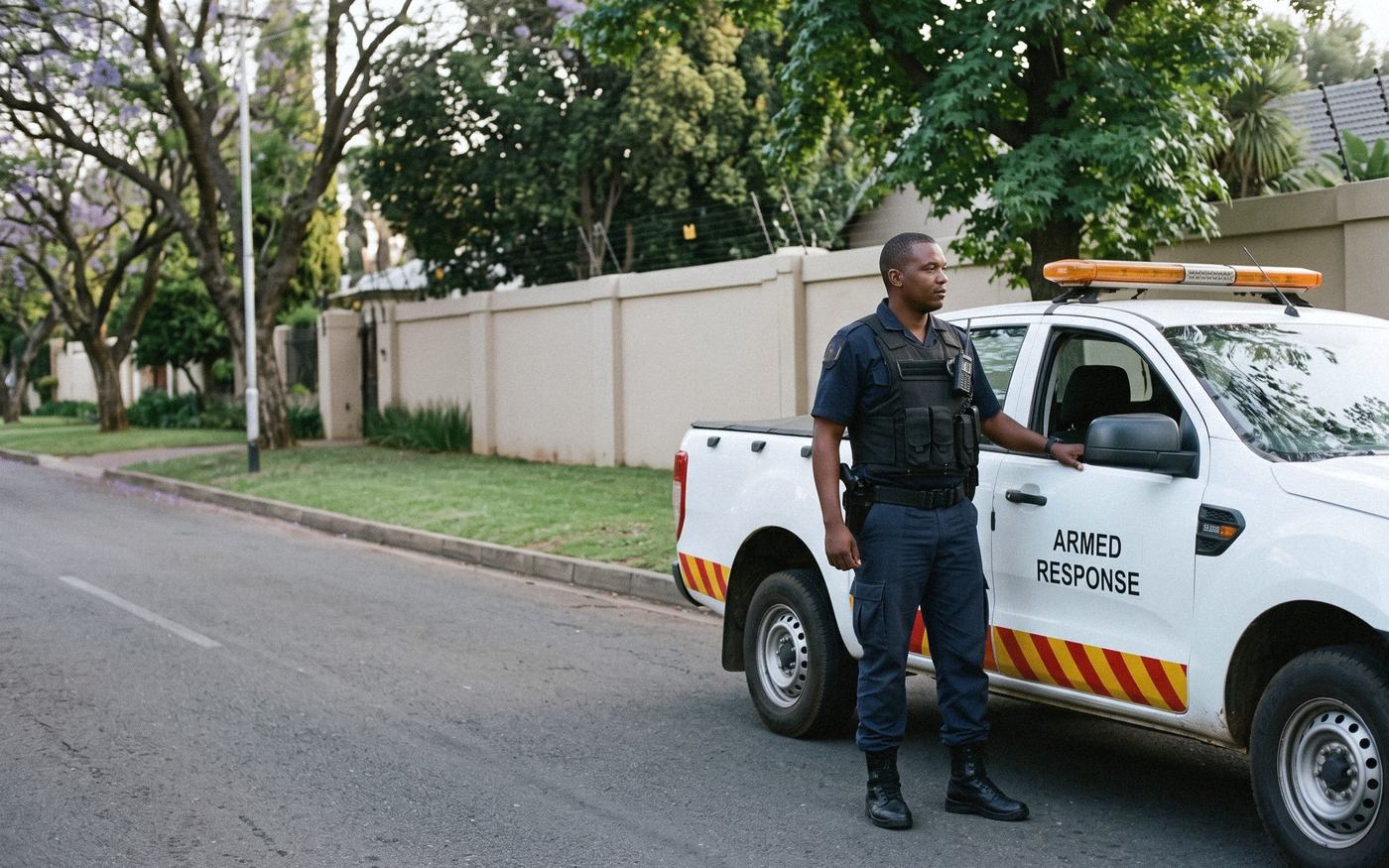 An armed-response officer in a ballistic vest with chest radio and sidearm beside his marked response LDV on a suburban street