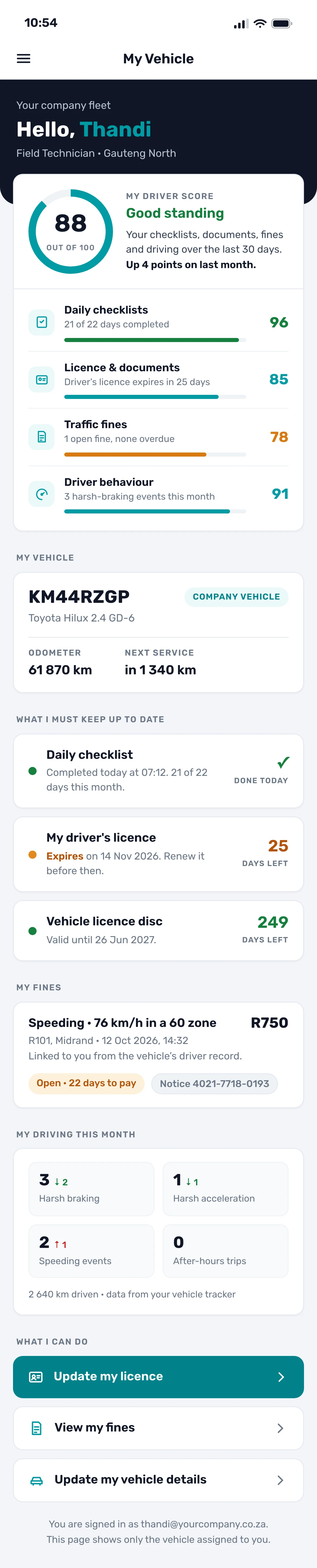 Driver&rsquo;s My Vehicle screen: driver score, vehicle, checklist, licence and fines