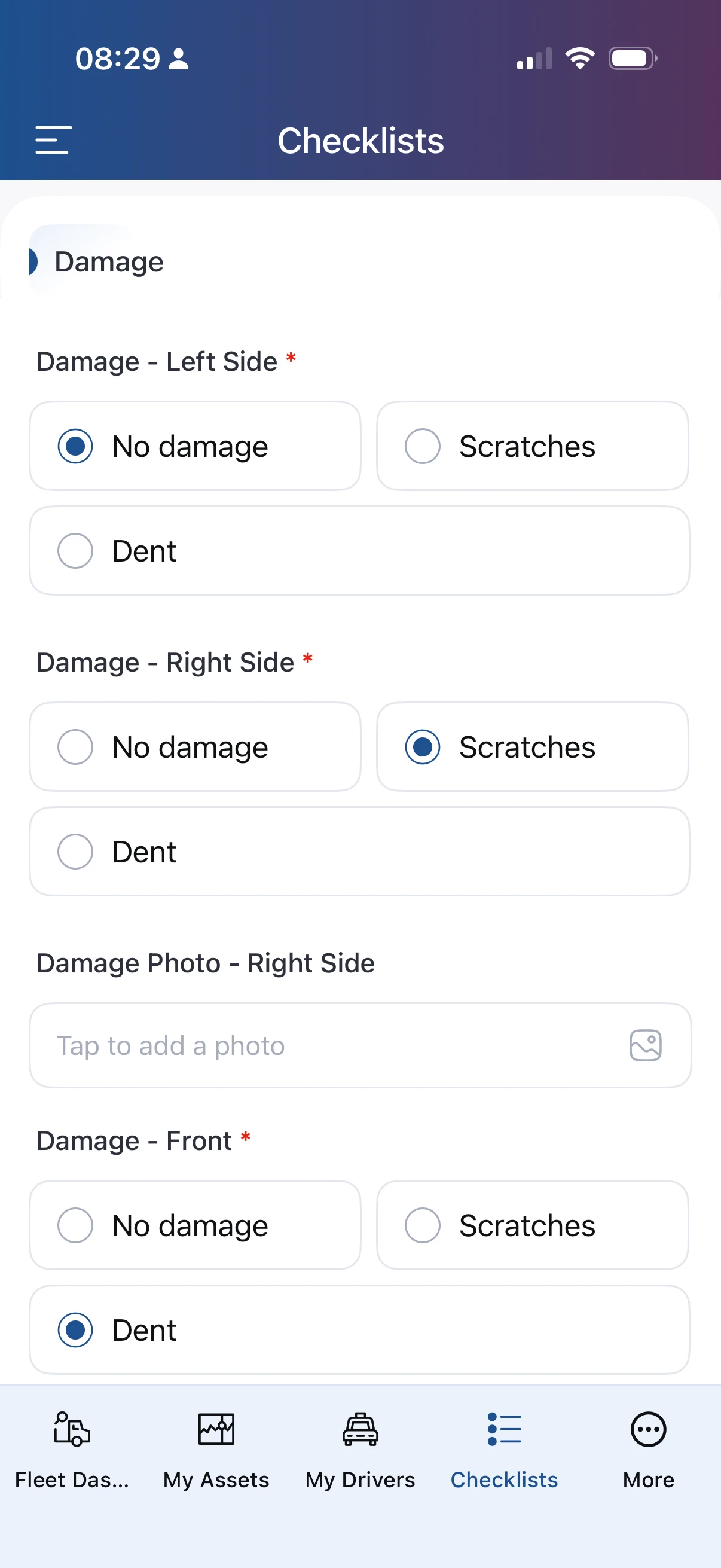 Driver checklist on a phone: damage recorded for the left side, right side and front of the vehicle