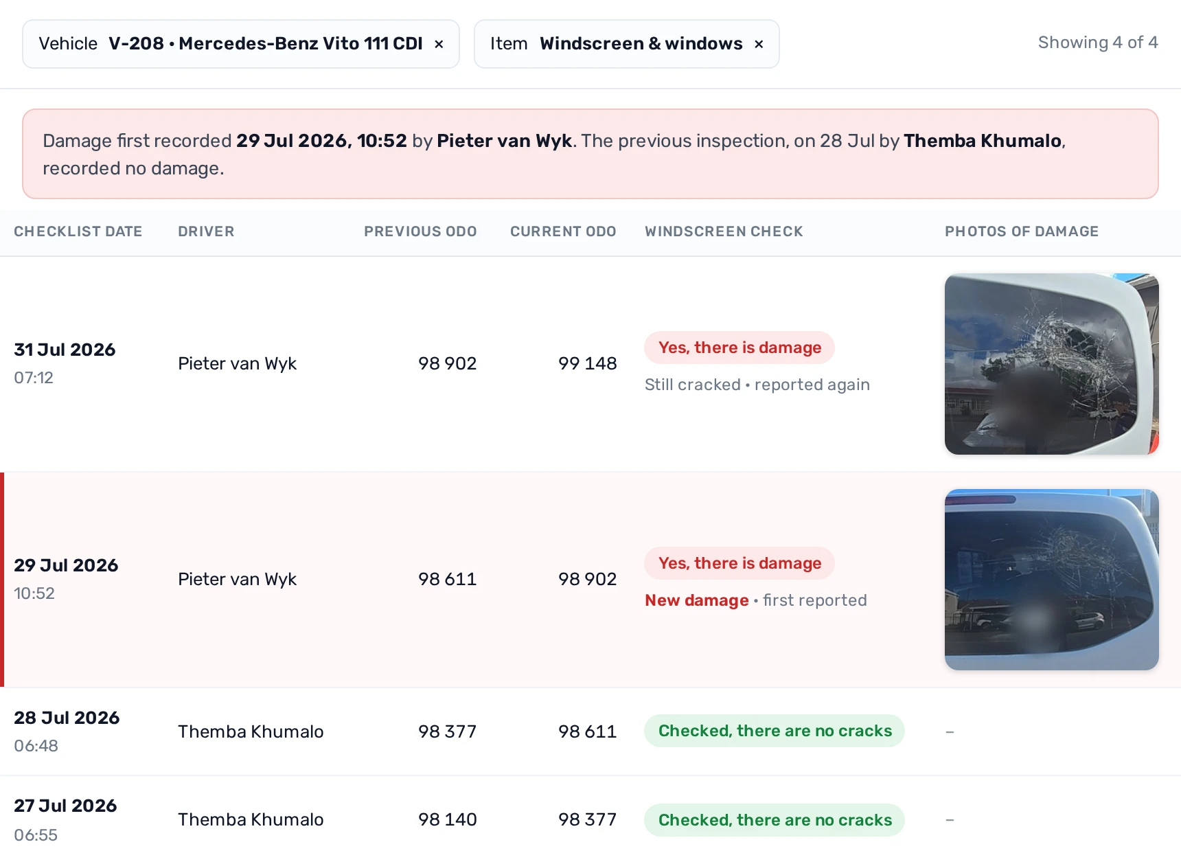 Checklist history for one van: the rear screen is checked and clear on 27 and 28 July, then photographed cracked on 29 July and again on 31 July, so the damage is pinned to a date and a driver
